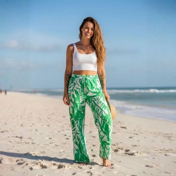 Lilly Pulitzer ✦ Boom Boom Tropical Palazzo Pants ✦ Green White Wide Leg Beach S - Picture 11 of 12